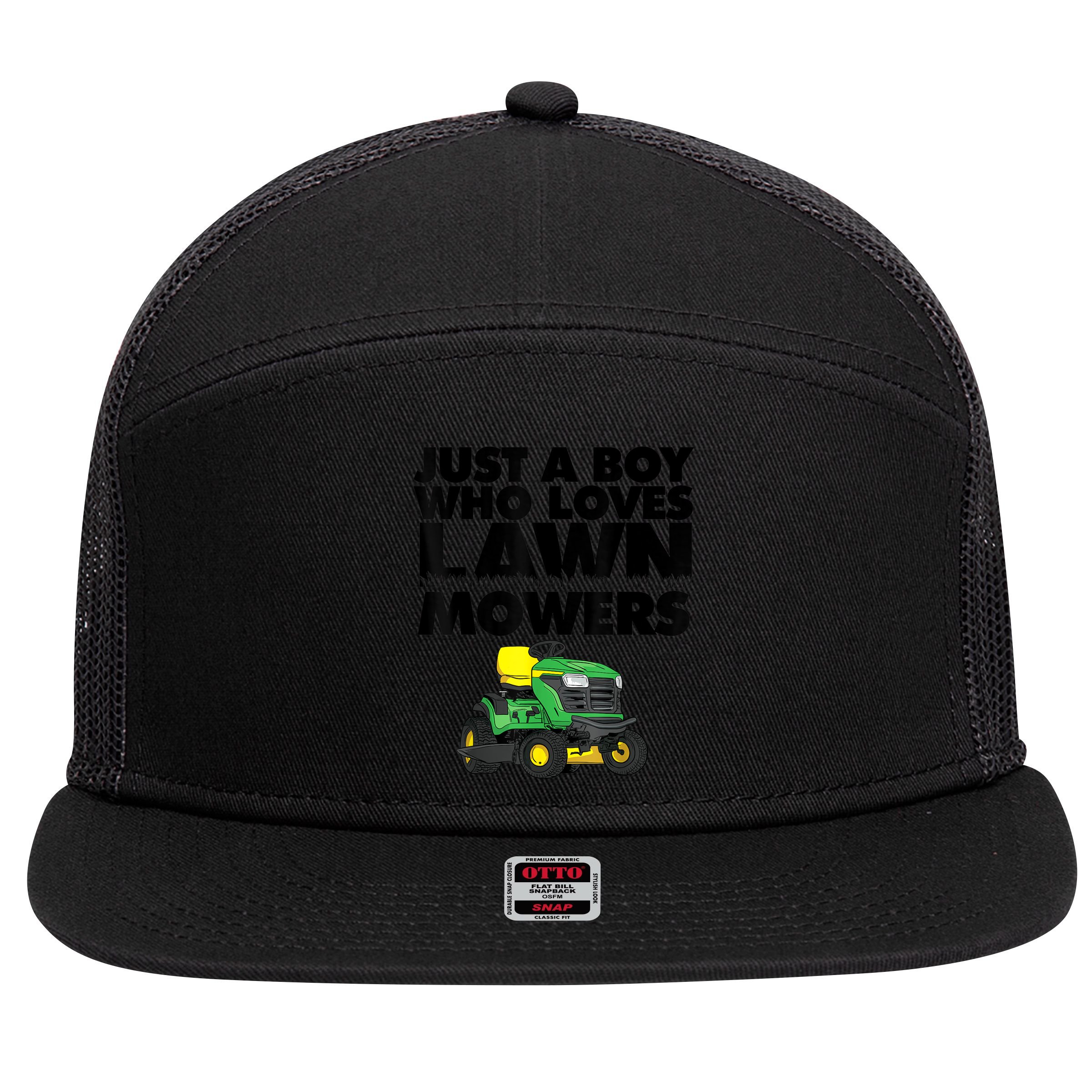 Just A Boy Who Loves Lawn Mowers 7 Panel Mesh Trucker Snapback Hat