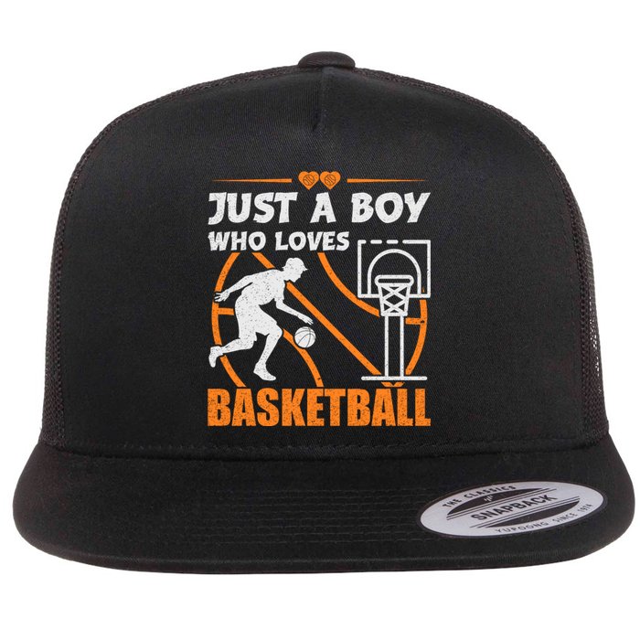 Just A Boy Who Loves Basketball For Boys Flat Bill Trucker Hat