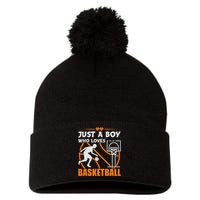 Just A Boy Who Loves Basketball For Boys Pom Pom 12in Knit Beanie