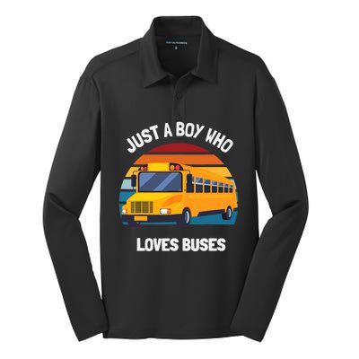 Just A Boy Who Loves Buses School Bus Silk Touch Performance Long Sleeve Polo