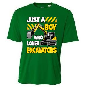 Just A Boy Who Loves Excavators Construction Vehicle Cooling Performance Crew T-Shirt