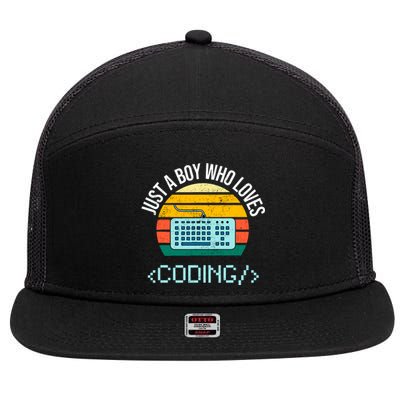 Just A Boy Who Loves Coding Computer Funny 7 Panel Mesh Trucker Snapback Hat