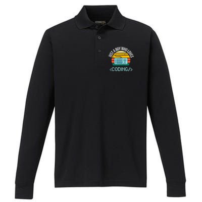 Just A Boy Who Loves Coding Computer Funny Performance Long Sleeve Polo