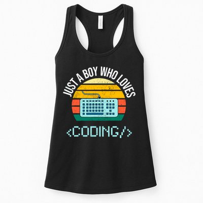 Just A Boy Who Loves Coding Computer Funny Women's Racerback Tank