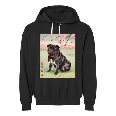 Japanese Art Black Pug Dog Kyosai Vintage Japan Artwork .Png Garment-Dyed Fleece Hoodie