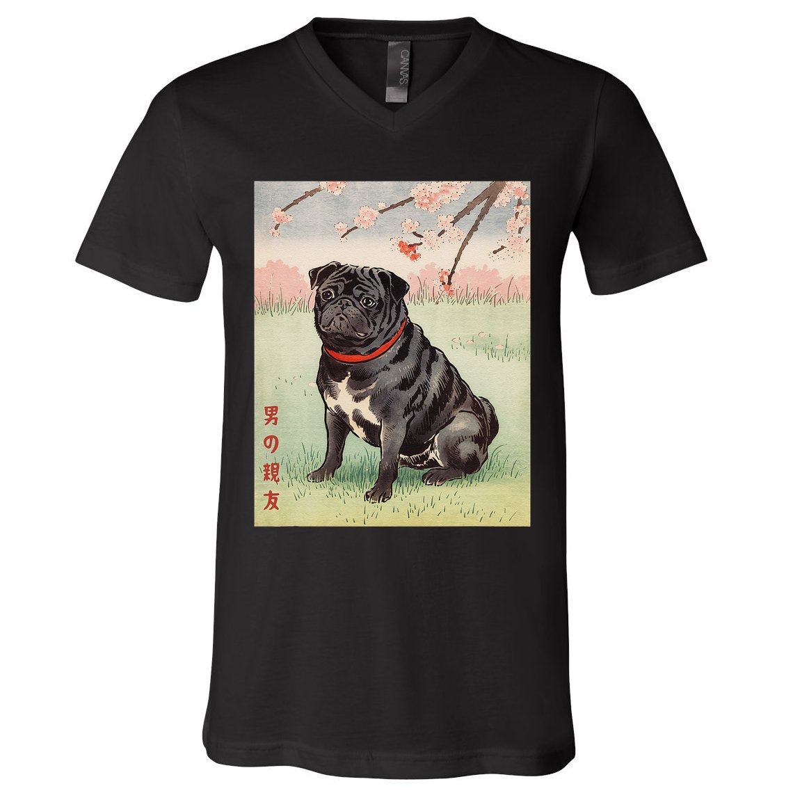 Japanese Art Black Pug Dog Kyosai Vintage Japan Artwork .Png V-Neck T-Shirt