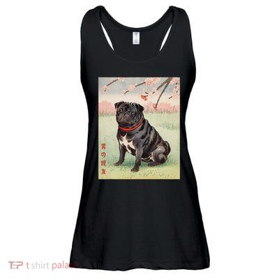 Japanese Art Black Pug Dog Kyosai Vintage Japan Artwork .Png Ladies Essential Flowy Tank