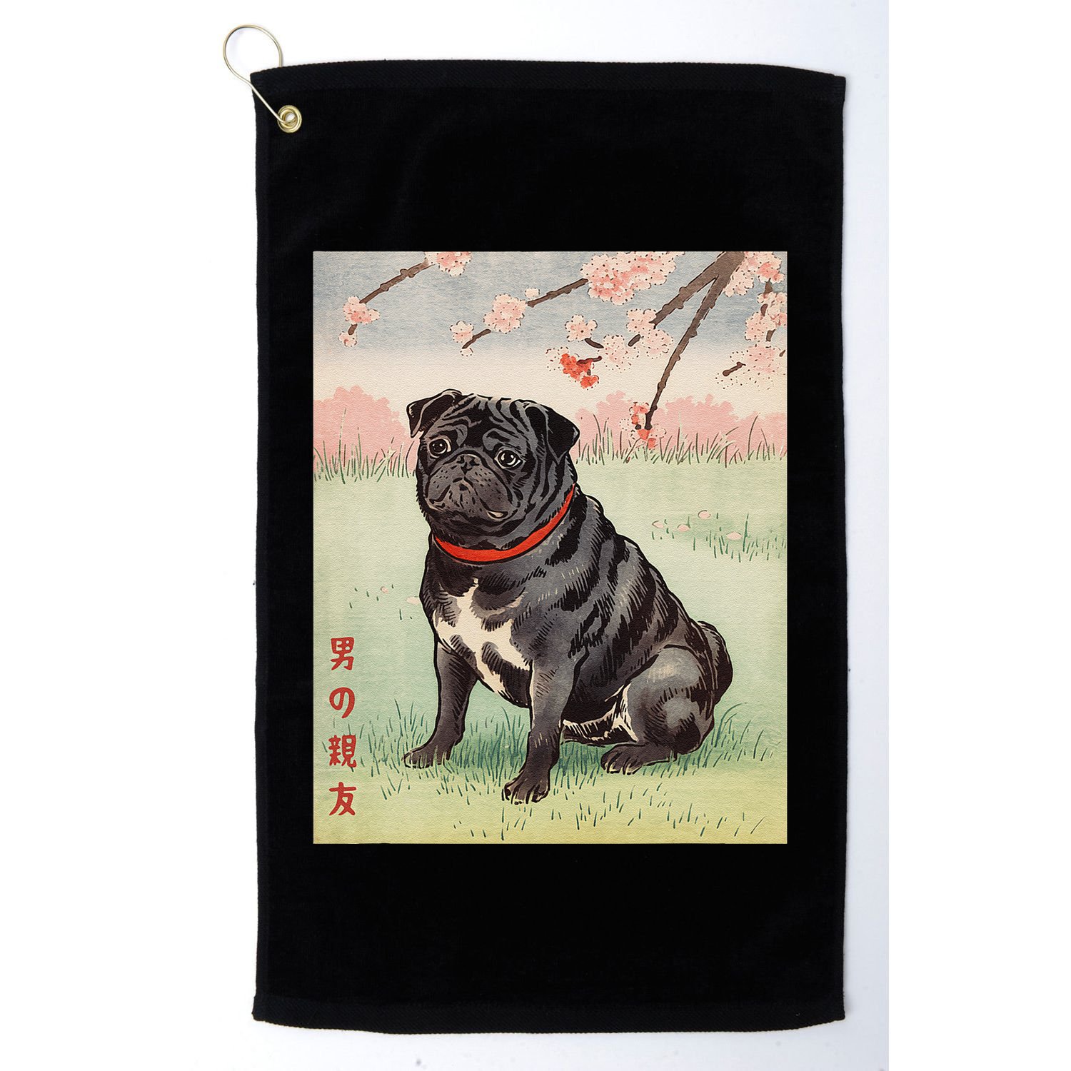 Japanese Art Black Pug Dog Kyosai Vintage Japan Artwork .Png Golf Towel