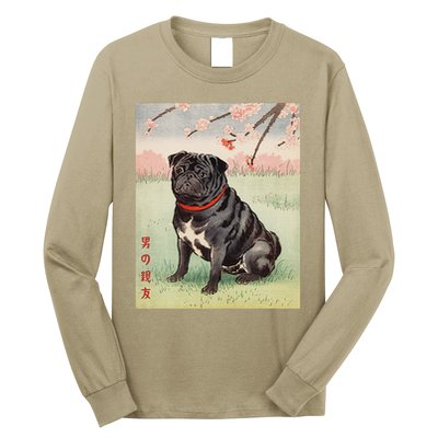 Japanese Art Black Pug Dog Kyosai Vintage Japan Artwork .Png Long Sleeve Shirt