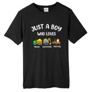 Just A Boy Who Loves Trucks Excavators Tractors Tall Fusion ChromaSoft Performance T-Shirt