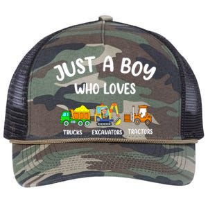 Just A Boy Who Loves Trucks Excavators Tractors Retro Rope Trucker Hat Cap