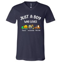 Just A Boy Who Loves Trucks Excavators Tractors V-Neck T-Shirt