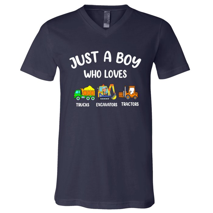 Just A Boy Who Loves Trucks Excavators Tractors V-Neck T-Shirt