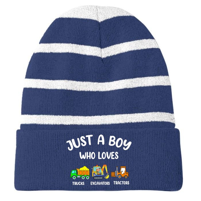 Just A Boy Who Loves Trucks Excavators Tractors Striped Beanie with Solid Band