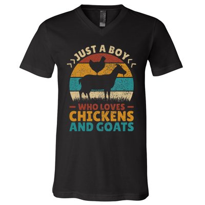 Just A Boy Who Loves Chickens Goats Farm Animal Lover Farmer V-Neck T-Shirt