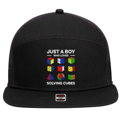 Just A Boy Who Loves Solving Cubes Speedcubing Cuber 7 Panel Mesh Trucker Snapback Hat