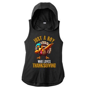 Just A Boy Who Loves Thanksgiving Turkey Dab Ladies PosiCharge Tri-Blend Wicking Draft Hoodie Tank