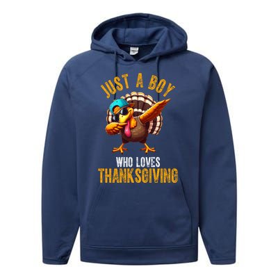 Just A Boy Who Loves Thanksgiving Turkey Dab Performance Fleece Hoodie