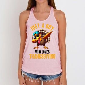 Just A Boy Who Loves Thanksgiving Turkey Dab Women's Knotted Racerback Tank