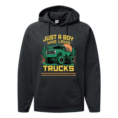 Just A Boy Who Loves Trucks Performance Fleece Hoodie