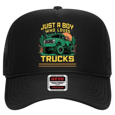 Just A Boy Who Loves Trucks High Crown Mesh Back Trucker Hat