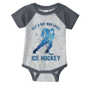 Just A_Boy Who Loves Ice Hockey Infant Baby Jersey Bodysuit