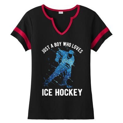 Just A Boy Who Loves Ice Hockey Ladies Halftime Notch Neck Tee