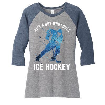 Just A Boy Who Loves Ice Hockey Women's Tri-Blend 3/4-Sleeve Raglan Shirt