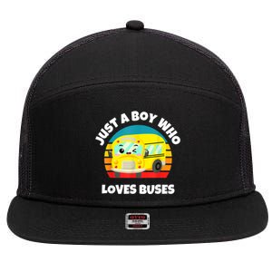 Just A Boy Who Loves Buses Birthday Yellow School Bus Lover 7 Panel Mesh Trucker Snapback Hat