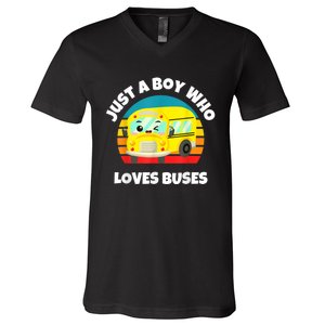 Just A Boy Who Loves Buses Birthday Yellow School Bus Lover V-Neck T-Shirt