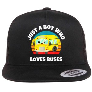 Just A Boy Who Loves Buses Birthday Yellow School Bus Lover Flat Bill Trucker Hat