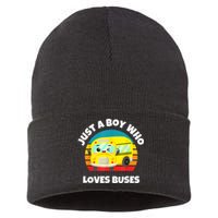 Just A Boy Who Loves Buses Birthday Yellow School Bus Lover Sustainable Knit Beanie