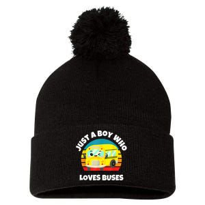 Just A Boy Who Loves Buses Birthday Yellow School Bus Lover Pom Pom 12in Knit Beanie