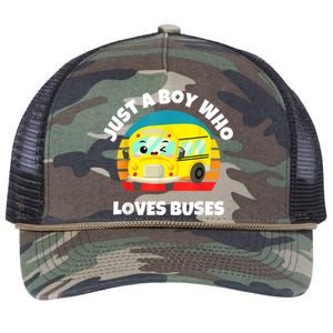 Just A Boy Who Loves Buses Birthday Yellow School Bus Lover Retro Rope Trucker Hat Cap