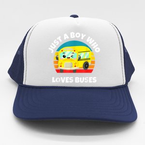 Just A Boy Who Loves Buses Birthday Yellow School Bus Lover Trucker Hat