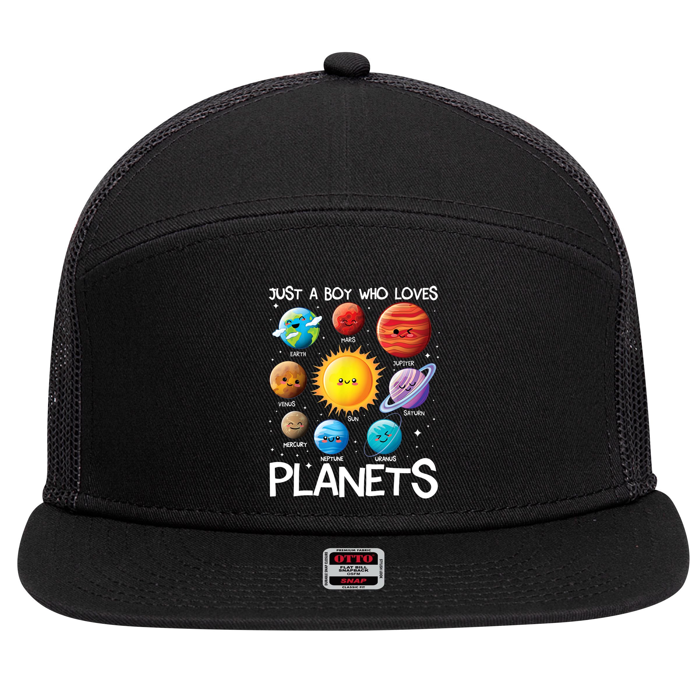 Just A Boy Who Loves Planets Solar System Space Science Gift 7 Panel Mesh Trucker Snapback Hat