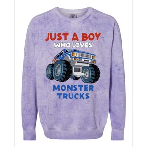 Just A Boy Who Loves Monster Trucks Funny Monster Truck Colorblast Crewneck Sweatshirt