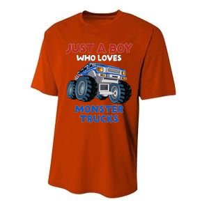 Just A Boy Who Loves Monster Trucks Funny Monster Truck Performance Sprint T-Shirt