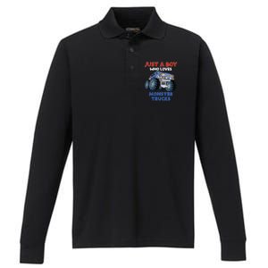 Just A Boy Who Loves Monster Trucks Funny Monster Truck Performance Long Sleeve Polo