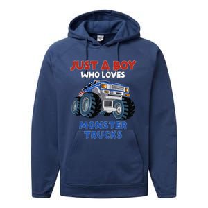 Just A Boy Who Loves Monster Trucks Funny Monster Truck Performance Fleece Hoodie