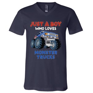 Just A Boy Who Loves Monster Trucks Funny Monster Truck V-Neck T-Shirt