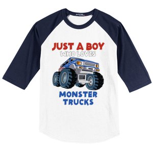 Just A Boy Who Loves Monster Trucks Funny Monster Truck Baseball Sleeve Shirt