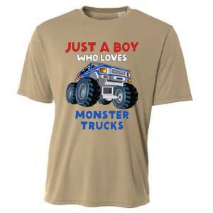 Just A Boy Who Loves Monster Trucks Funny Monster Truck Cooling Performance Crew T-Shirt