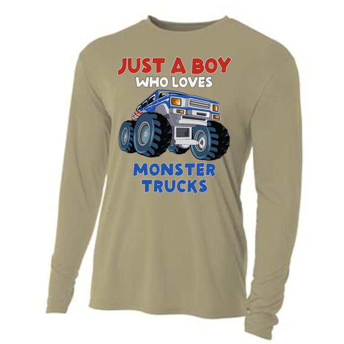 Just A Boy Who Loves Monster Trucks Funny Monster Truck Cooling Performance Long Sleeve Crew