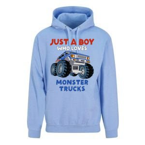 Just A Boy Who Loves Monster Trucks Funny Monster Truck Unisex Surf Hoodie