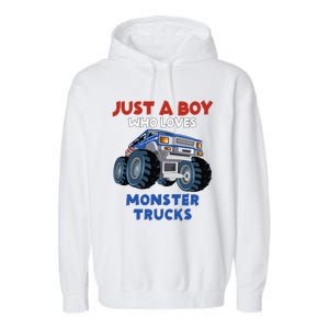 Just A Boy Who Loves Monster Trucks Funny Monster Truck Garment-Dyed Fleece Hoodie