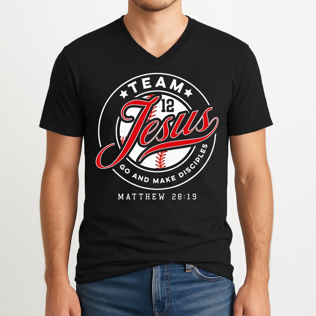Jesus And Baseball Team Jesus Christian Matthew 2819 Verse V-Neck T-Shirt