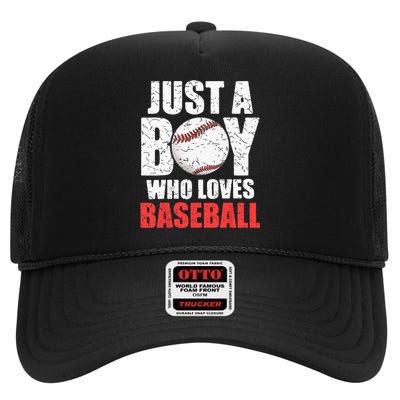 Just A Boy Who Loves Baseball Batter Catcher Pitcher High Crown Mesh Back Trucker Hat