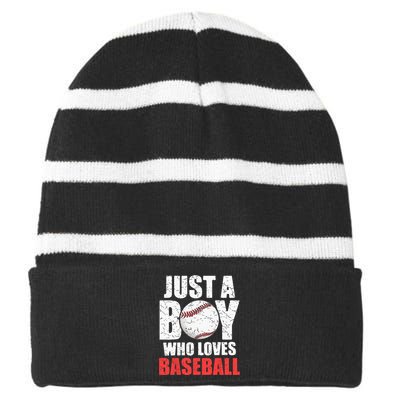 Just A Boy Who Loves Baseball Batter Catcher Pitcher Striped Beanie with Solid Band