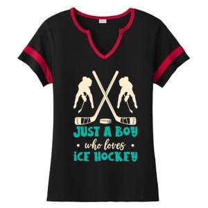 Just A Boy Who Loves Ice Hockey Ice Hockey Player Ladies Halftime Notch Neck Tee